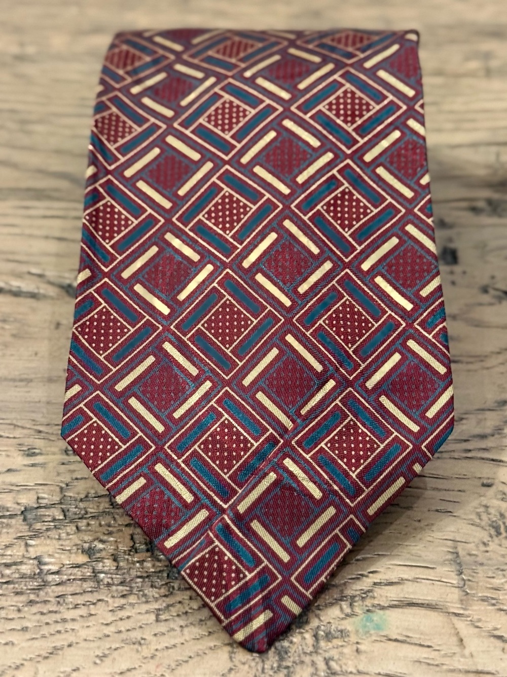 Polo by Ralph Lauren Burgundy Geometric Silk Tie with Blue and Cream Accents